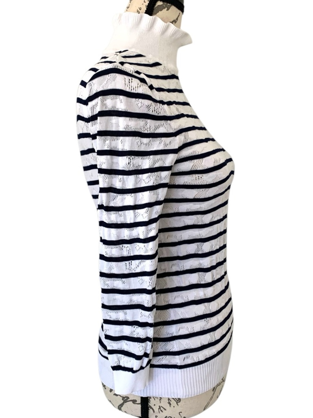 Chloe Ruffled Turtleneck Striped Sweater White & Navy Size S - Picture 5 of 6